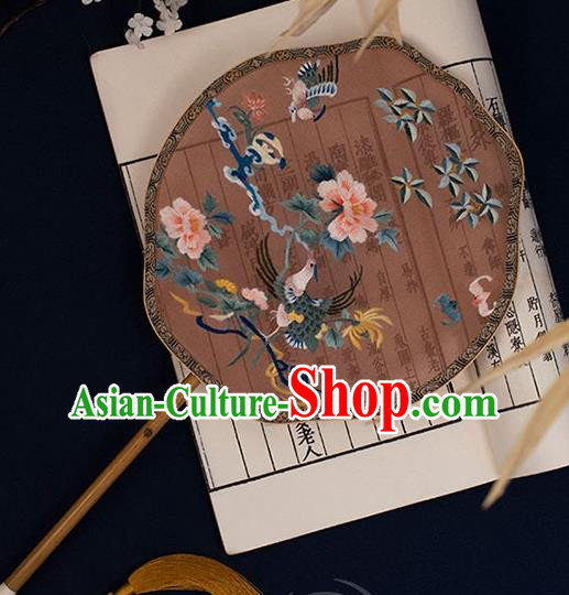 China Handmade Embroidered Phoenix Peony Palace Fan Classical Hanfu Bamboo Fan Traditional Wedding Silk Fan