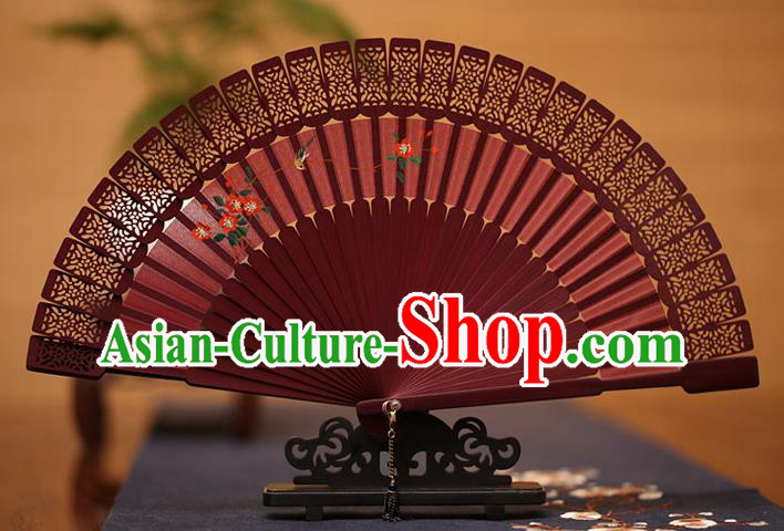 China Traditional Sandalwood Accordion Folding Fan Classical Fans Printing Flowers Wine Red Fan