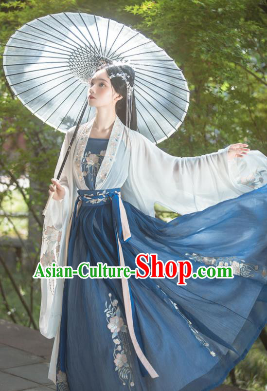 Chinese Traditional Deep Blue Runqun Hanfu Dress Tang Dynasty Beauty Garment Costumes Ancient Young Lady Clothing Set