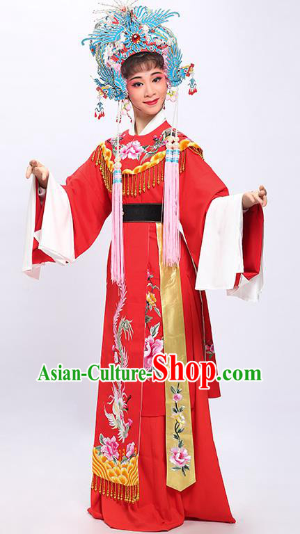 China Shaoxing Opera Bride Garment Costumes Traditional Yue Opera Princess Wedding Red Dress Clothing and Phoenix Crown