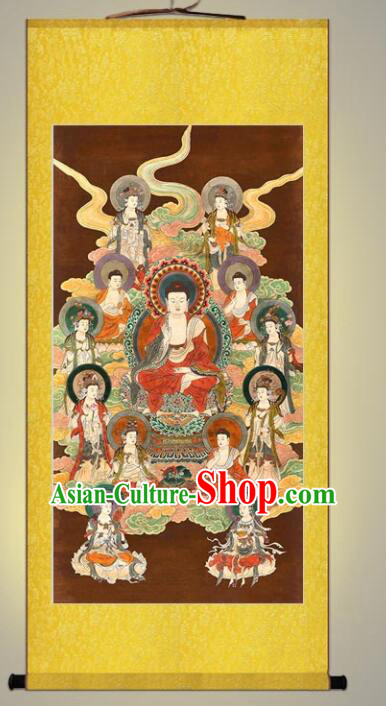 Chinese Traditional Buddhism Painting Silk Fabric Buddha Figure Hand Painting Shakyamuni Scroll Picture Artwork