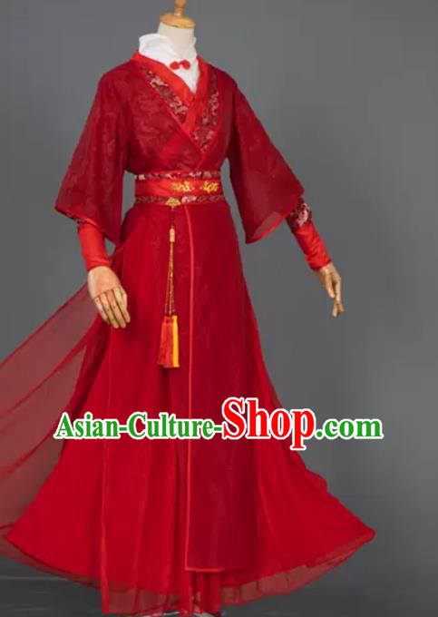 China Cosplay Swordsman Red Apparels Ancient Prince Garment Costumes Traditional Wedding Hanfu Clothing