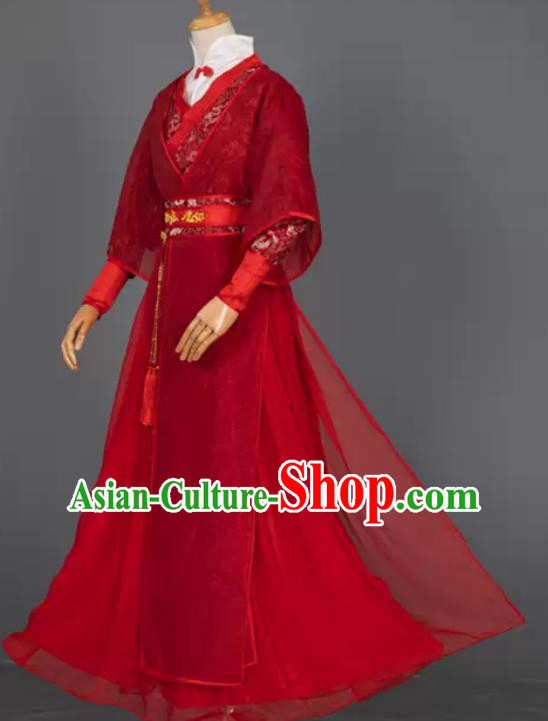 China Cosplay Swordsman Red Apparels Ancient Prince Garment Costumes Traditional Wedding Hanfu Clothing