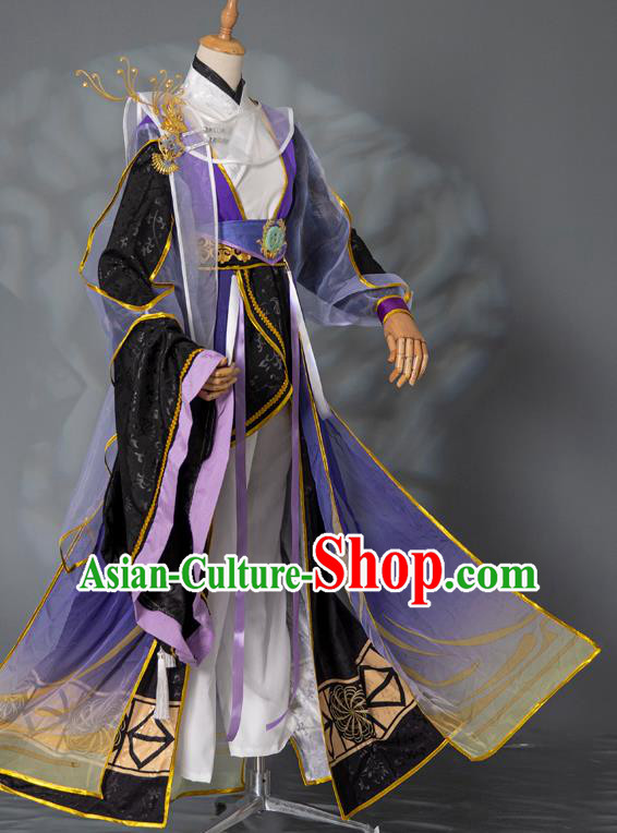 China Ancient Young Childe Garment Costumes Traditional Hanfu Clothing Cosplay Swordsman Purple Apparels