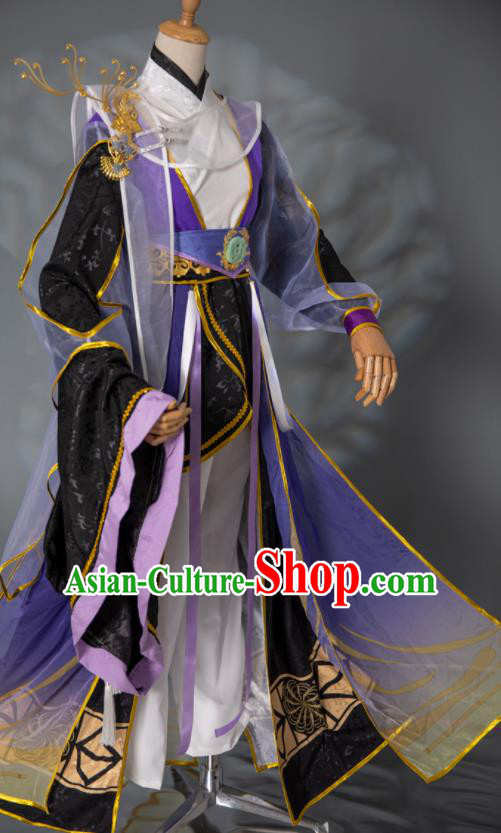 China Ancient Young Childe Garment Costumes Traditional Hanfu Clothing Cosplay Swordsman Purple Apparels