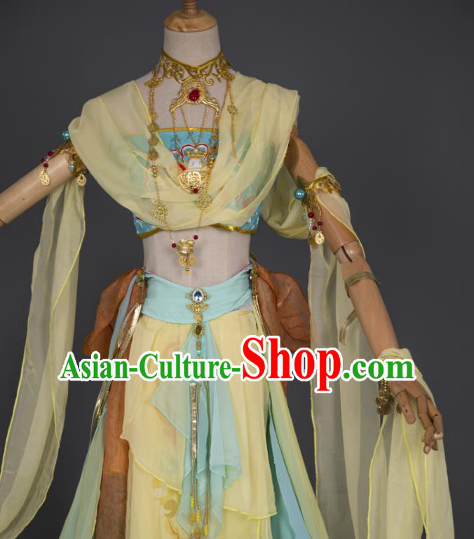 China Traditional Hanfu Dance Yellow Chiffon Apparels Ancient Fairy Clothing Cosplay Goddess Garment Costumes