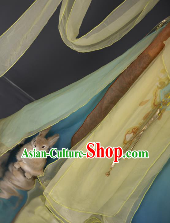 China Traditional Hanfu Dance Yellow Chiffon Apparels Ancient Fairy Clothing Cosplay Goddess Garment Costumes