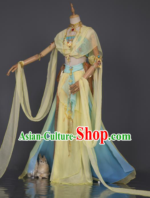 China Traditional Hanfu Dance Yellow Chiffon Apparels Ancient Fairy Clothing Cosplay Goddess Garment Costumes