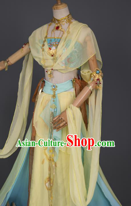 China Traditional Hanfu Dance Yellow Chiffon Apparels Ancient Fairy Clothing Cosplay Goddess Garment Costumes