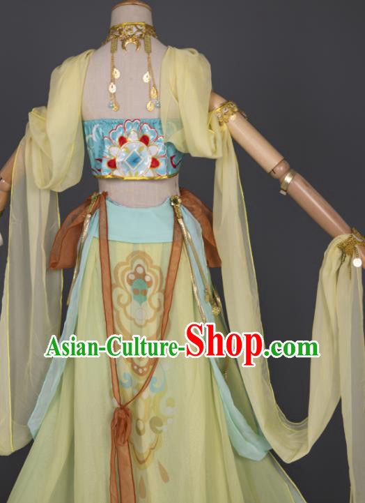 China Traditional Hanfu Dance Yellow Chiffon Apparels Ancient Fairy Clothing Cosplay Goddess Garment Costumes