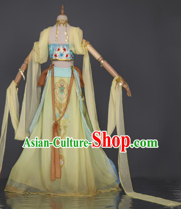 China Traditional Hanfu Dance Yellow Chiffon Apparels Ancient Fairy Clothing Cosplay Goddess Garment Costumes