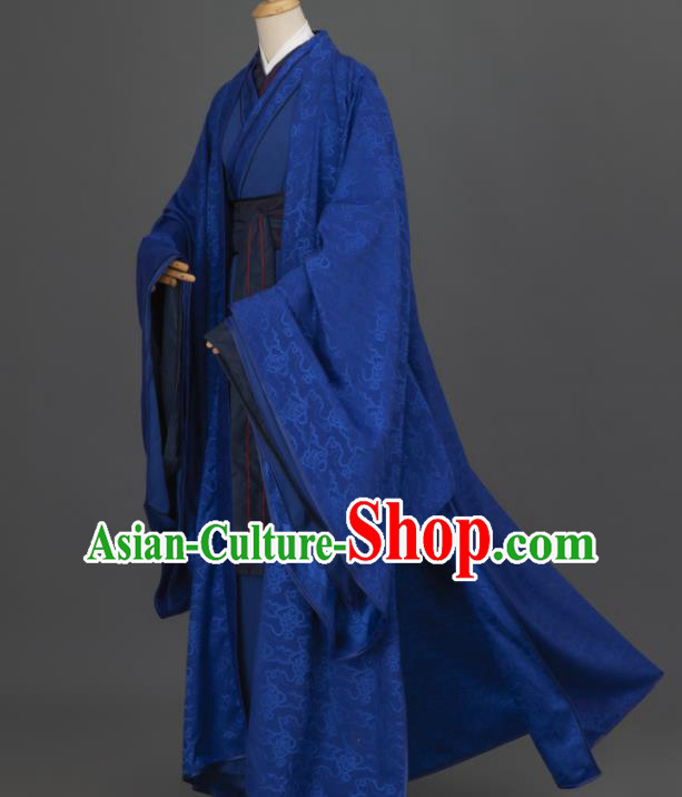 China Cosplay Prince Garment Costumes Traditional Hanfu Apparels Ancient Young Childe Deep Blue Clothing