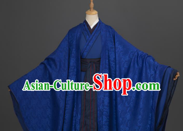 China Cosplay Prince Garment Costumes Traditional Hanfu Apparels Ancient Young Childe Deep Blue Clothing