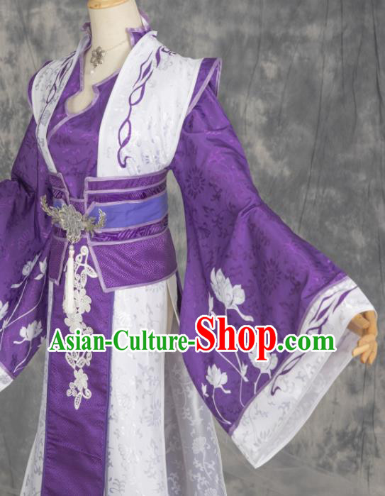 China Traditional Xian Xia Hanfu Dress Apparels Ancient Swordswoman Purple Clothing Cosplay Taoist Nun Garment Costumes