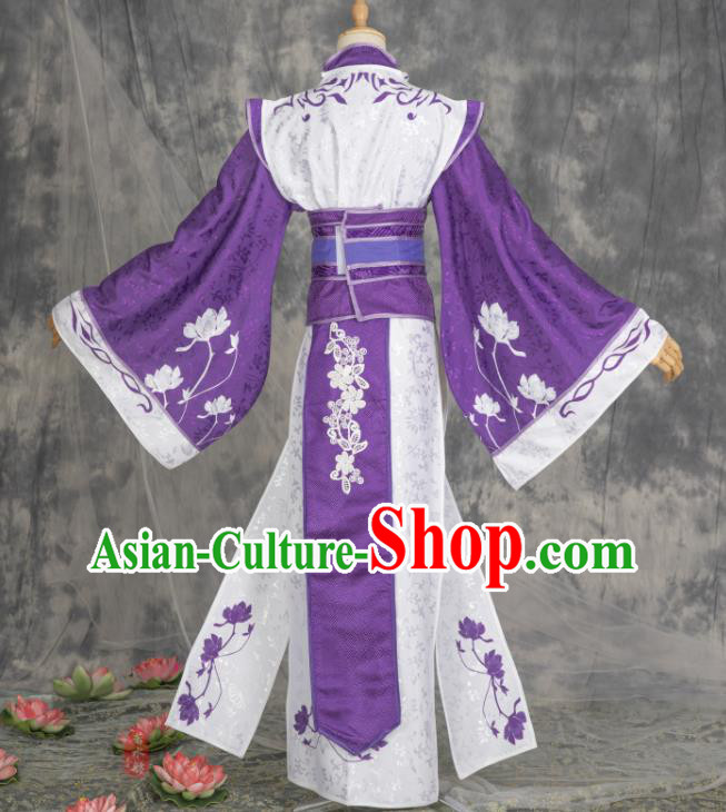 China Traditional Xian Xia Hanfu Dress Apparels Ancient Swordswoman Purple Clothing Cosplay Taoist Nun Garment Costumes
