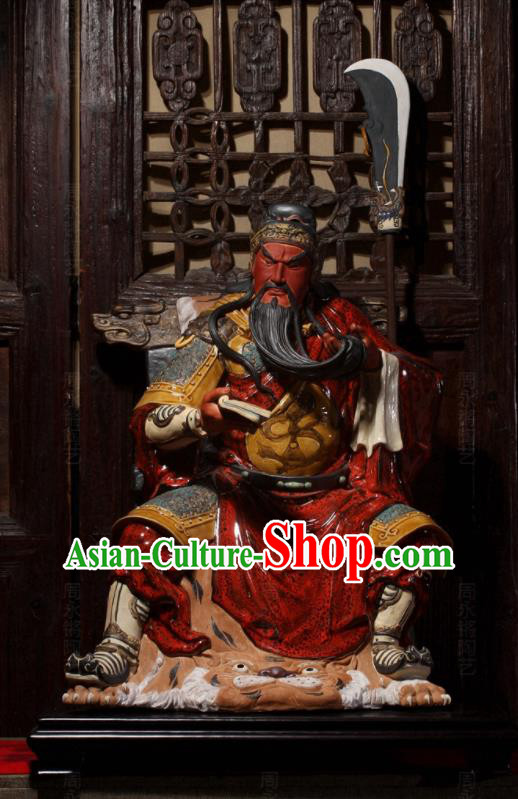 Chinese Handmade Guan Gong Night Reading Sculptures Shi Wan Ceramic Figurine Guan Yu Porcelain Statue Arts