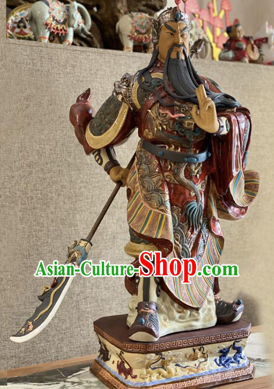 Chinese Handmade Guan Gong Sculptures Shi Wan Ceramic Figurine Guan Yu Porcelain Statue Arts