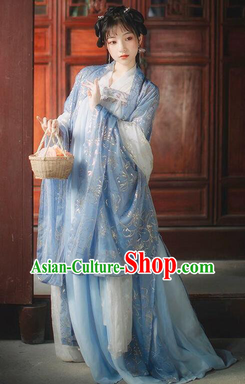 China Ancient Princess Blue Wide Sleeve Cape Traditional Hanfu Da Xiu Shan Overcoat for Women
