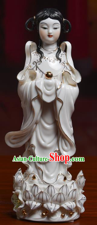 Chinese De Hua Ceramic Craft Handmade Dragon Girl Hong Hai Er Porcelain Statues