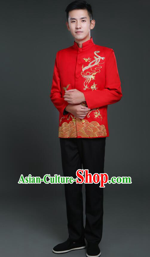 Chinese Zhongshan Clothing Tang Suits Traditional Wedding Suits Embroidered Phoenix Groom Costumes
