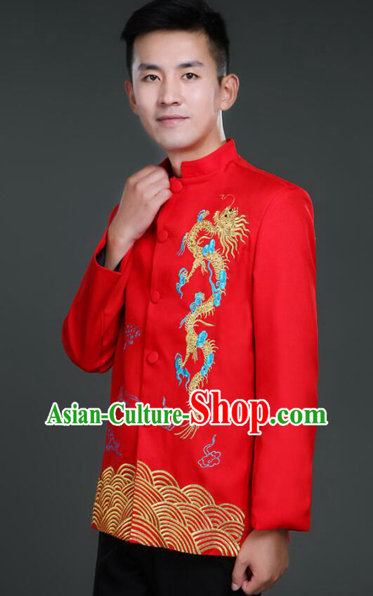 Chinese Embroidered Gragon Groom Costumes Zhongshan Clothing Tang Suits Traditional Wedding Suits