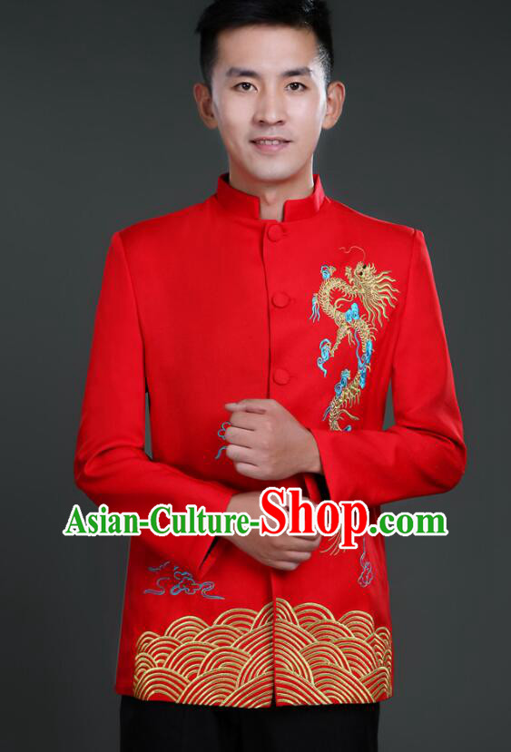 Chinese Embroidered Gragon Groom Costumes Zhongshan Clothing Tang Suits Traditional Wedding Suits