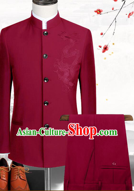 Chinese Traditional Wedding Suits Embroidered Gragon Groom Costumes Zhongshan Clothing Wine Red Tang Suits