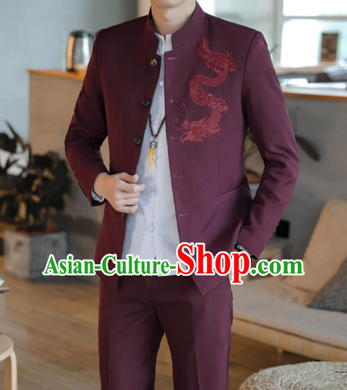 Chinese Zhongshan Groom Clothing Traditional Tang Suits Wedding Suits Embroidered Dragon Costumes