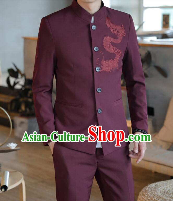 Chinese Zhongshan Groom Clothing Traditional Tang Suits Wedding Suits Embroidered Dragon Costumes