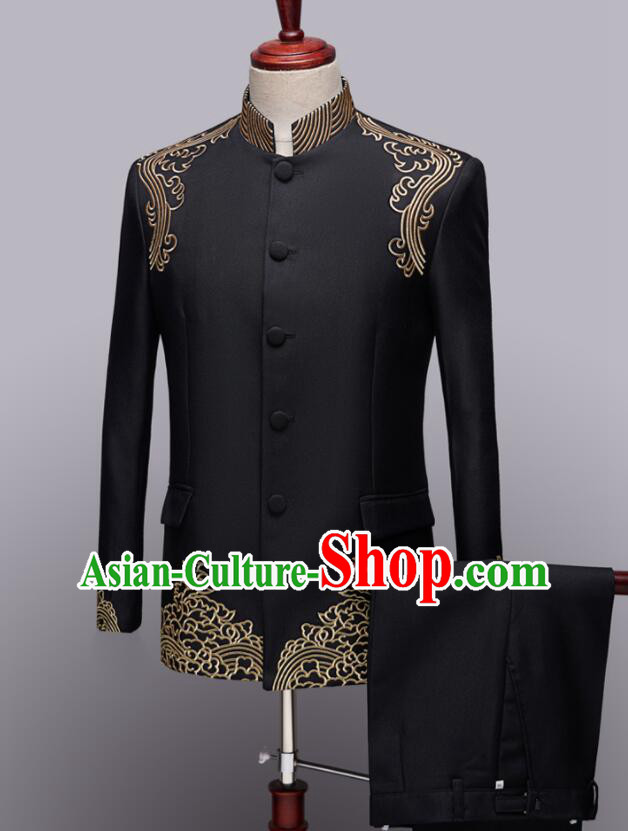 Chinese Wedding Suits Traditional Tang Zhuang Embroidered Costumes Groom Black Clothing