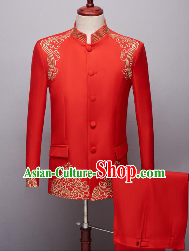 Chinese Groom Red Clothing Wedding Suits Traditional Tang Zhuang Embroidered Costumes