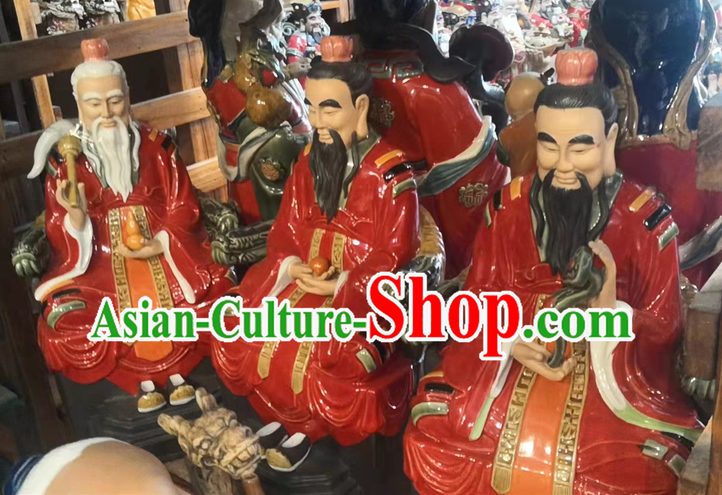 Chinese Shi Wan Ceramic Three Gods Figurine San Qing Porcelain Statues Handmade Arts