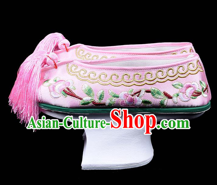 Chinese Traditional Opera Pink Satin Shoes Beijing Opera Hua Tan Embroidered Shoes Qing Dynasty Princess Embroidery Shoes