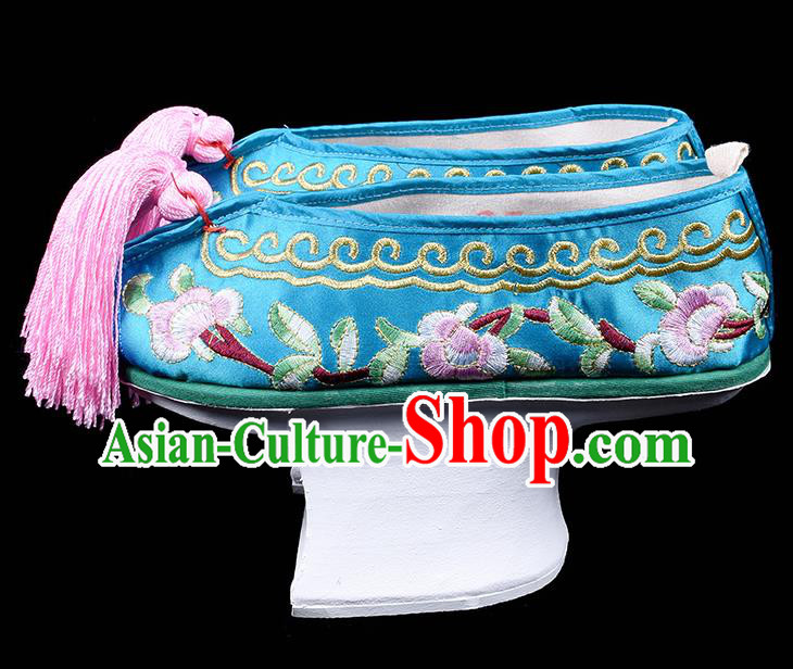 Chinese Qing Dynasty Princess Embroidery Shoes Traditional Opera Blue Satin Shoes Beijing Opera Hua Tan Embroidered Shoes