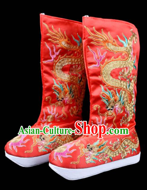 Chinese Beijing Opera Red Embroidered Boots Sichuan Opera Face Changing Embroidery Shoes Traditional Bian Lian Dragon Boots