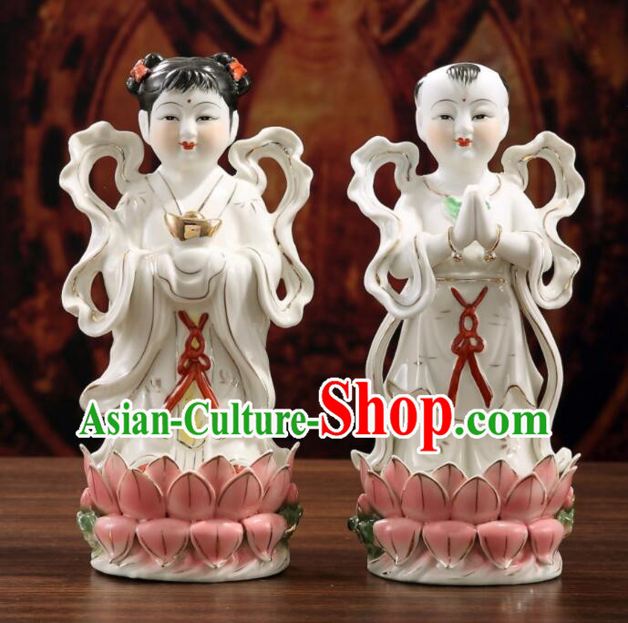 20 inches Chinese Handmade Dragon Girl and Golden Boy Porcelain Statues White Ceramic Long Nv Hong Hai Er Craft