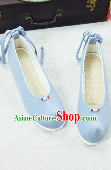 China National Women Blue Cloth Shoes Classical Dance Shoes Traditional Hanfu Bow Shoes
