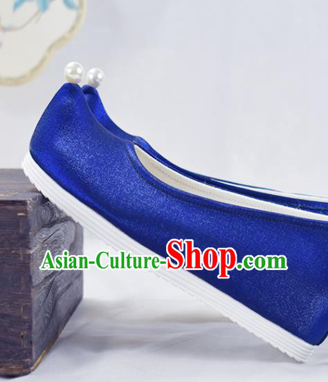 China National Women Bow Shoes Traditional Ming Dynasty Hanfu Shoes Ancient Princess Royalblue Shoes