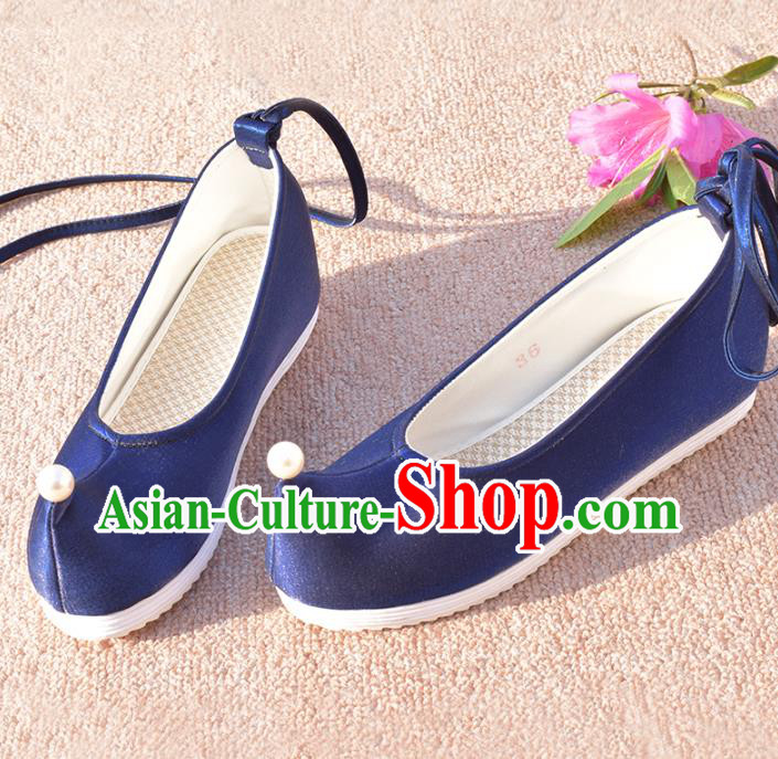 China National Women Bow Shoes Traditional Ming Dynasty Hanfu Shoes Ancient Princess Royalblue Shoes