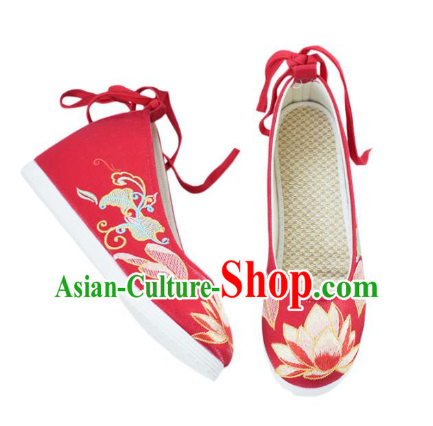 China Traditional Hanfu Increased Shoes National Embroidered Lotus Shoes Red Cloth Shoes