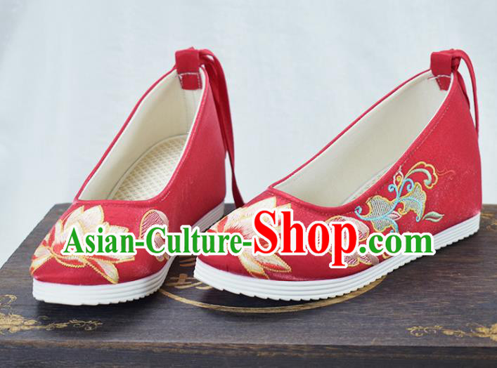 China Traditional Hanfu Increased Shoes National Embroidered Lotus Shoes Red Cloth Shoes