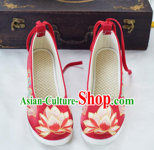 China Traditional Hanfu Increased Shoes National Embroidered Lotus Shoes Red Cloth Shoes