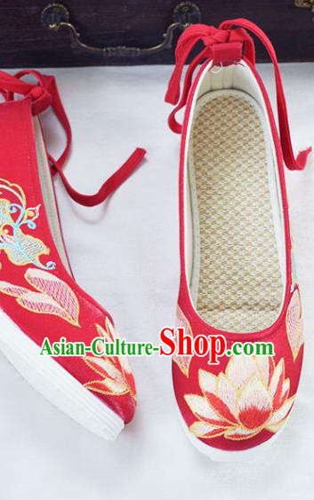 China Traditional Hanfu Increased Shoes National Embroidered Lotus Shoes Red Cloth Shoes