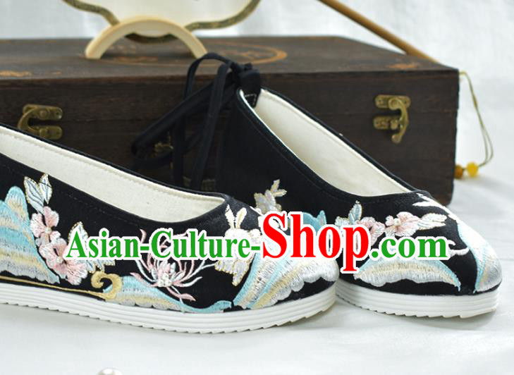 China Women Black Cloth Shoes National Spring Festival Shoes Traditional Embroidered Shoes
