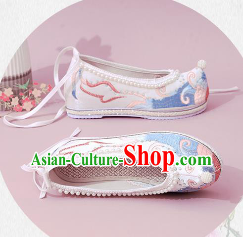 China National Shoes Classical Dance White Cloth Shoes Traditional Embroidered Pearls Shoe