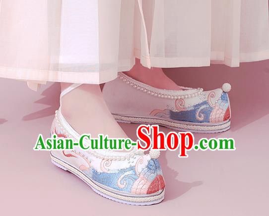 China National Shoes Classical Dance White Cloth Shoes Traditional Embroidered Pearls Shoe