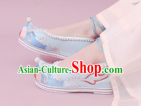 China Traditional Embroidered Pearls Shoe National Shoes Classical Dance Blue Cloth Shoes