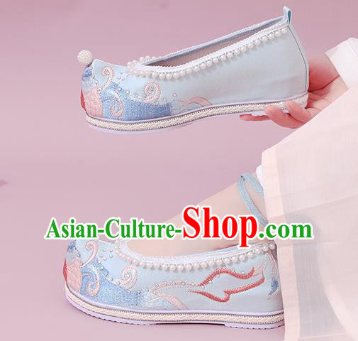 China Traditional Embroidered Pearls Shoe National Shoes Classical Dance Blue Cloth Shoes