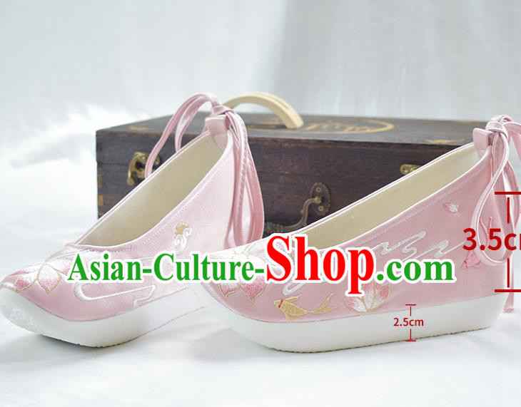 China Classical Dance Shoes Traditional Embroidered Lotus Shoe Ancient Princess Pink Cloth Shoes