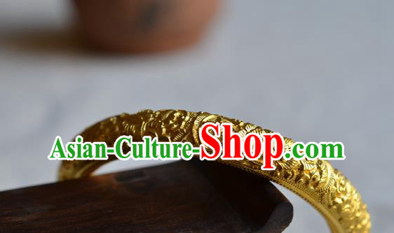 China National Carving Peony Golden Bracelet Jewelry Traditional Handmade Qing Dynasty Bangle Accessories